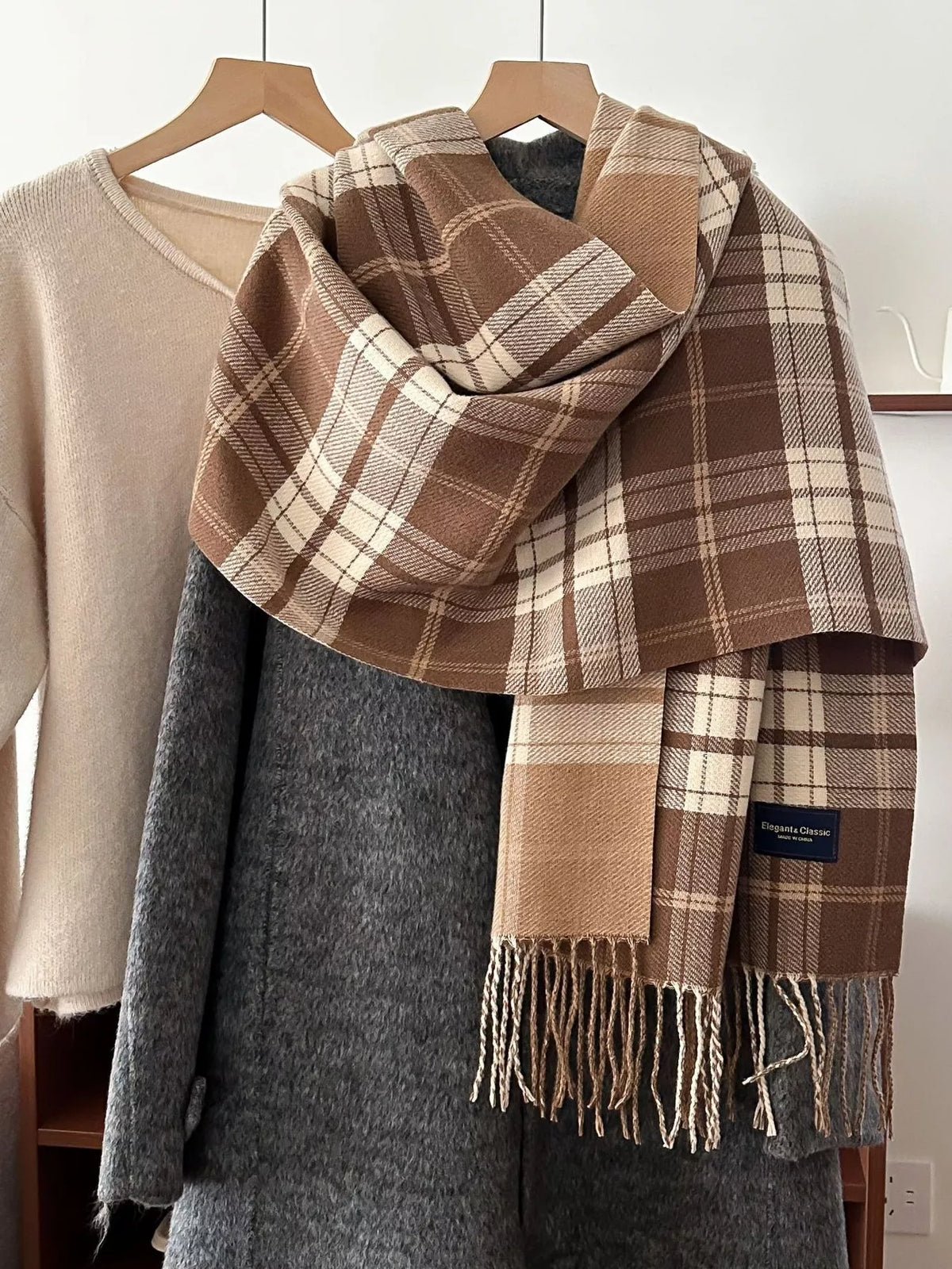 Classic Fringe Plaid Scarf - Tan - View 8