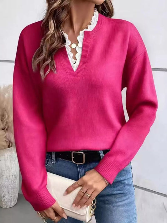 Lace Trim Dropped Shoulder Sweater - Rose Red - View 1