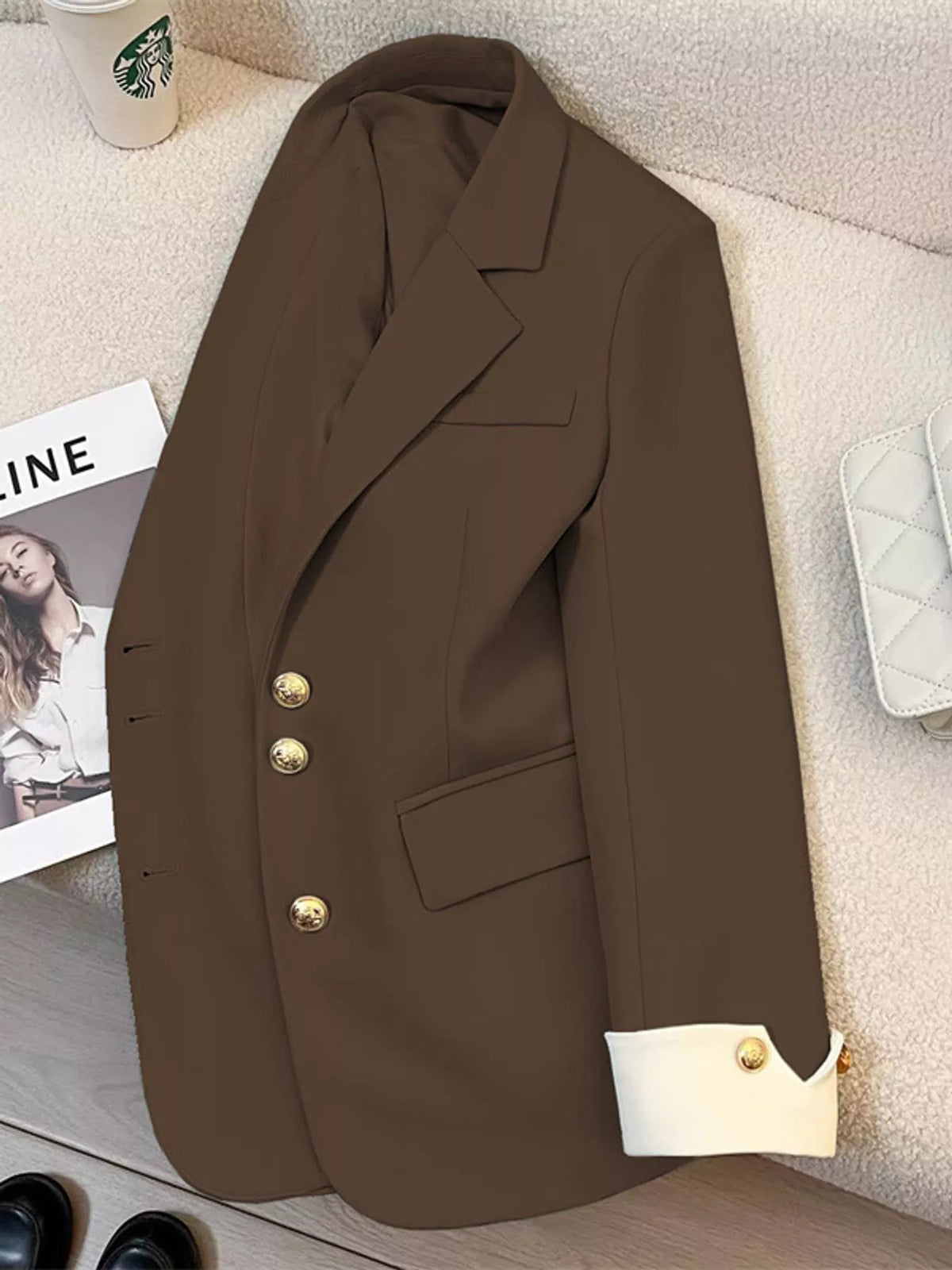 Full Size Single-Breasted Blazer with Gold Button Accents Plus Size - Coffee - View 15