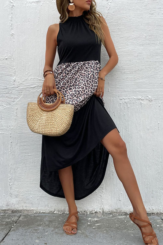 Perfee Leopard Contrast Sleeveless Maxi Dress - Black/Leopard - View 2