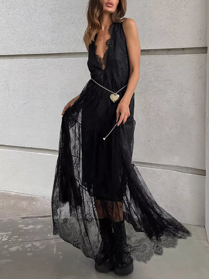 Lace V-Neck Sleeveless Maxi Dress - Black - View 3