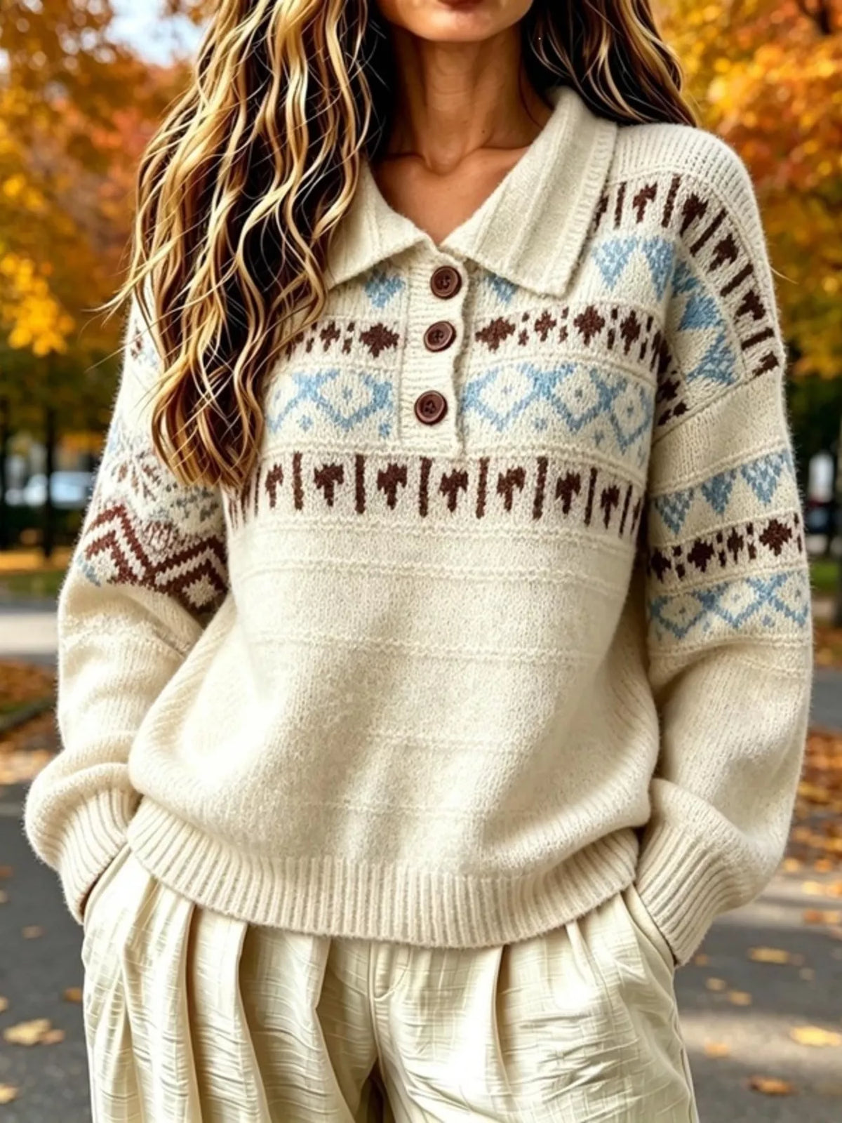 Full Size Vintage Fair Isle Pattern Polo Collar Sweater Plus Size - Beige - View 1