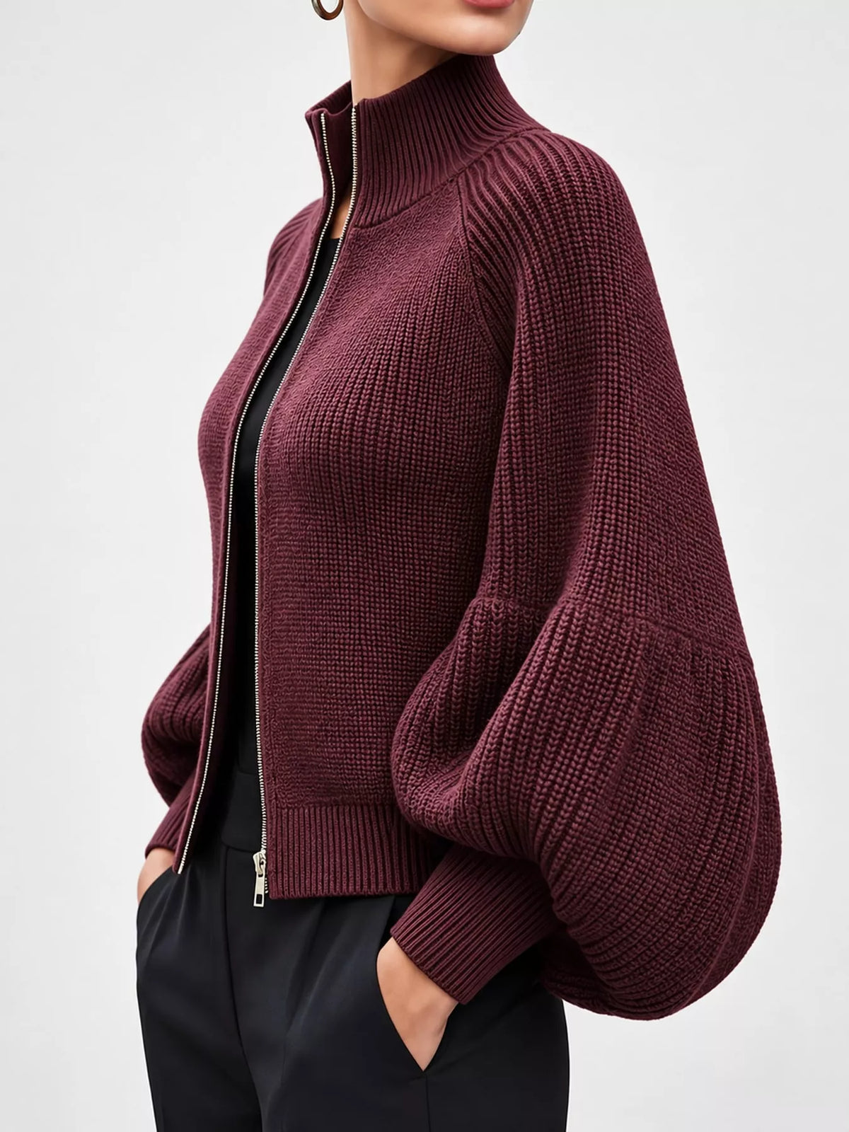 Ribbed Knit Zip-Up Cardigan with Lantern Sleeves - Dark Burgundy - View 2