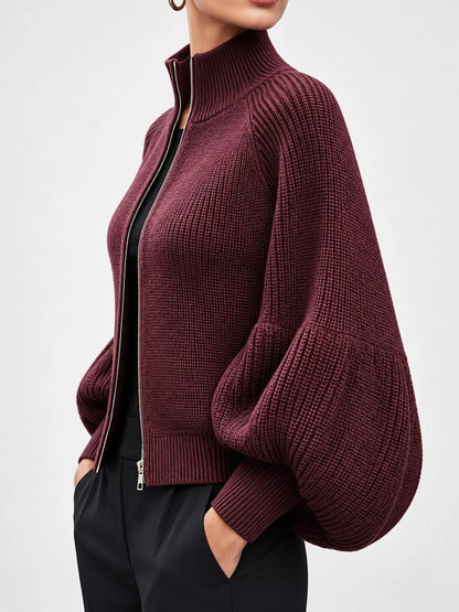 Ribbed Knit Zip-Up Cardigan with Lantern Sleeves - Dark Burgundy - View 2