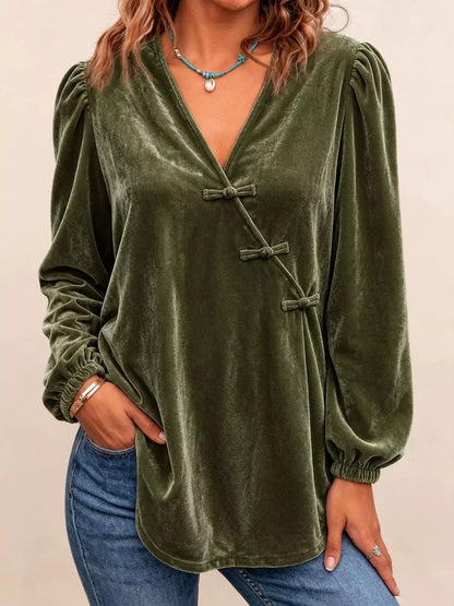 Chinese-Style Knot Buttons Velvet Blouse - Dark Green - View 1