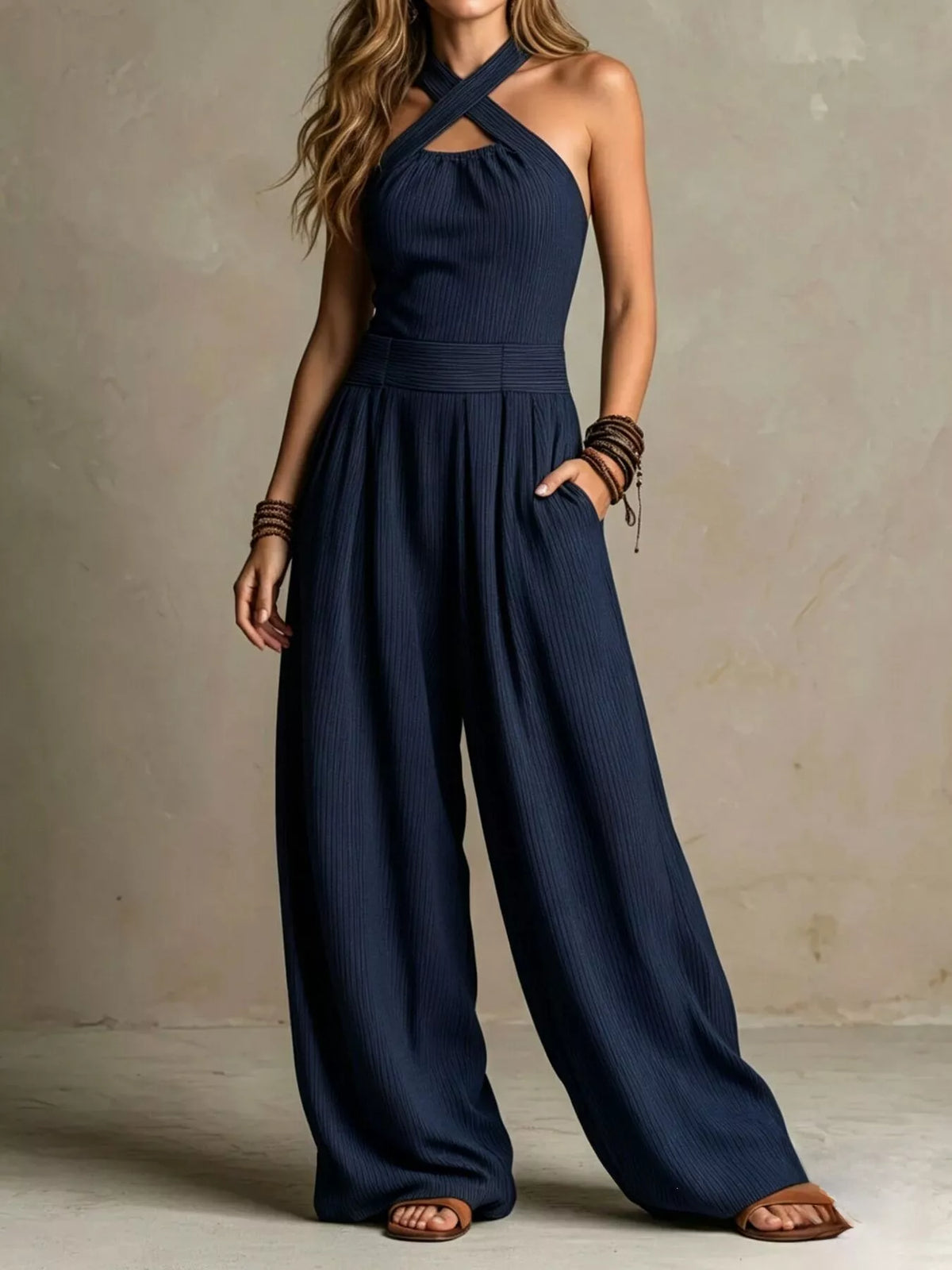 Halter Neck Wide-Leg Jumpsuit with Pockets - Navy Blue - View 1