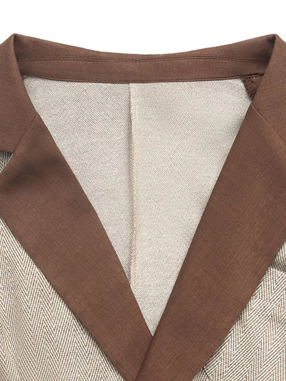 Pleated Patchwork Blazer Belt Dress - Brown - View 8