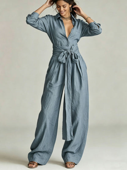 Solid color collar top high waisted pants two-piece set