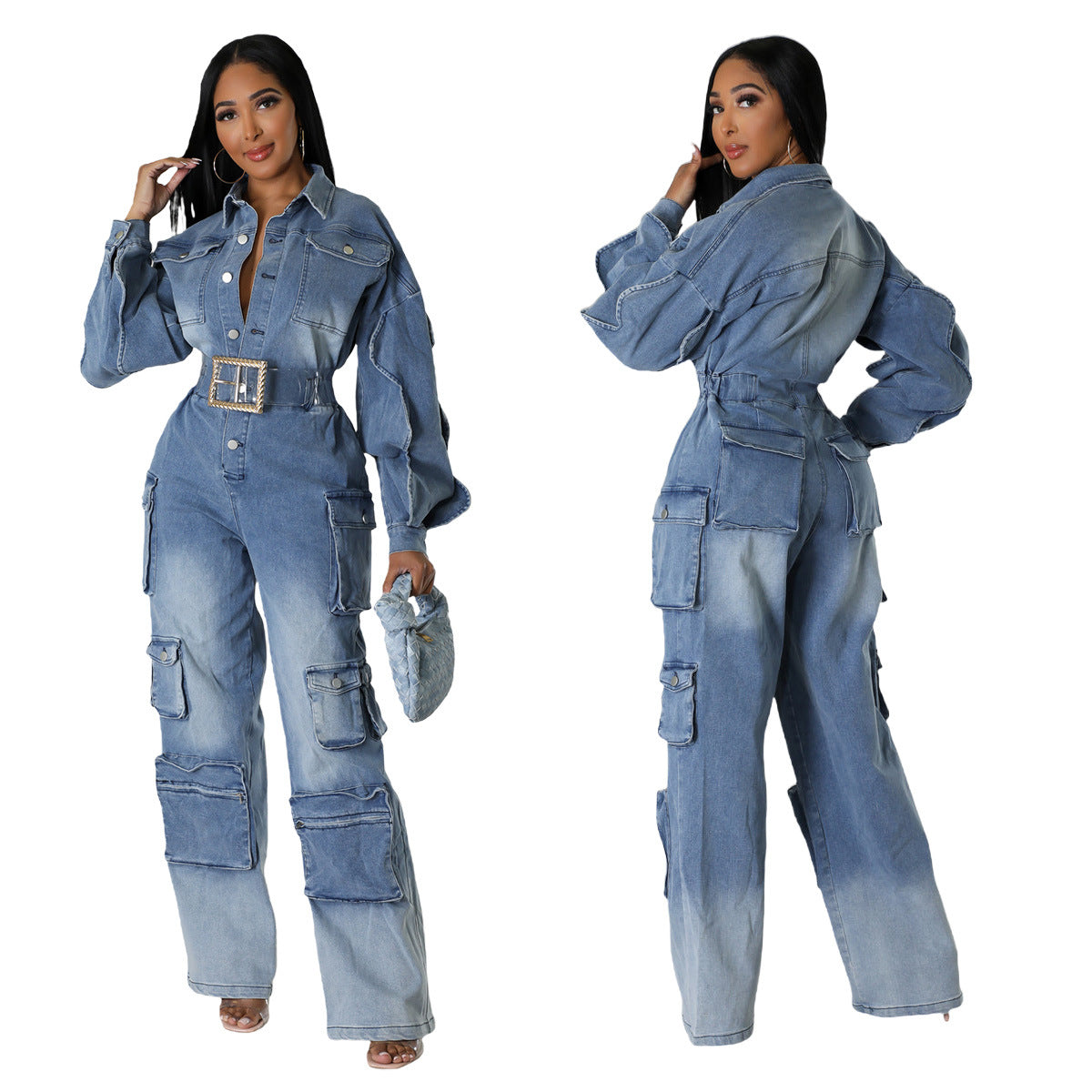 Long sleeved multi pocket wide leg pants