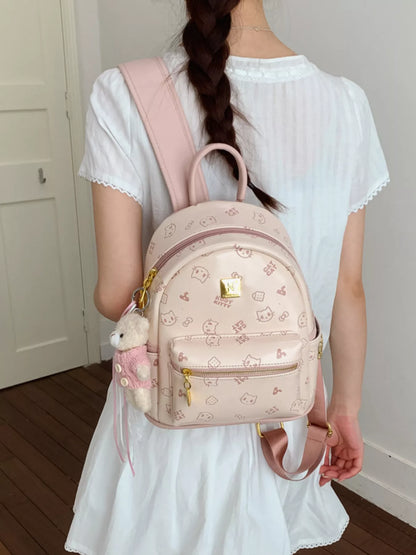 Cartoon Pattern Backpack Bag with Bear Pendant - Blush Pink - View 1