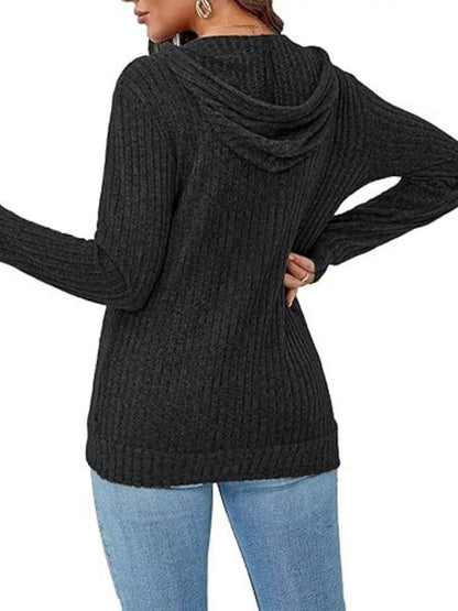 Ribbed Knit Zip-Up Hooded Cardigan - Black - View 5