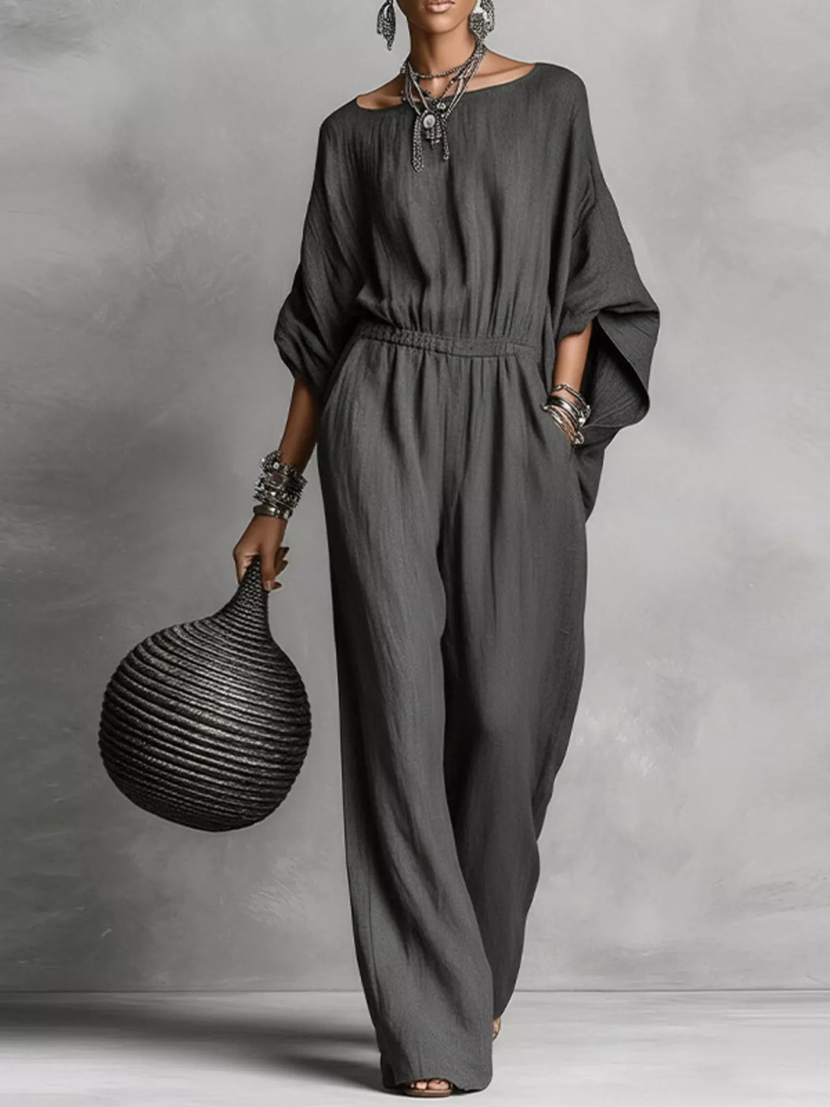 Full Size Boat Neck Batwing Sleeve Wide-Leg Jumpsuit Plus Size - Dark Gray - View 3
