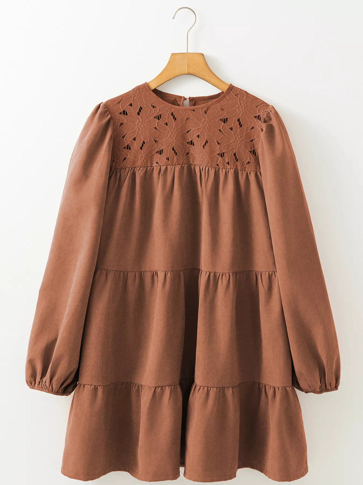 Floral Lace Crochet Tiered Ruffled Mini Dress - Caramel - View 1