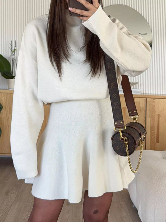 Mock Neck Knit Top and Flared Skirt Set - White - View 1