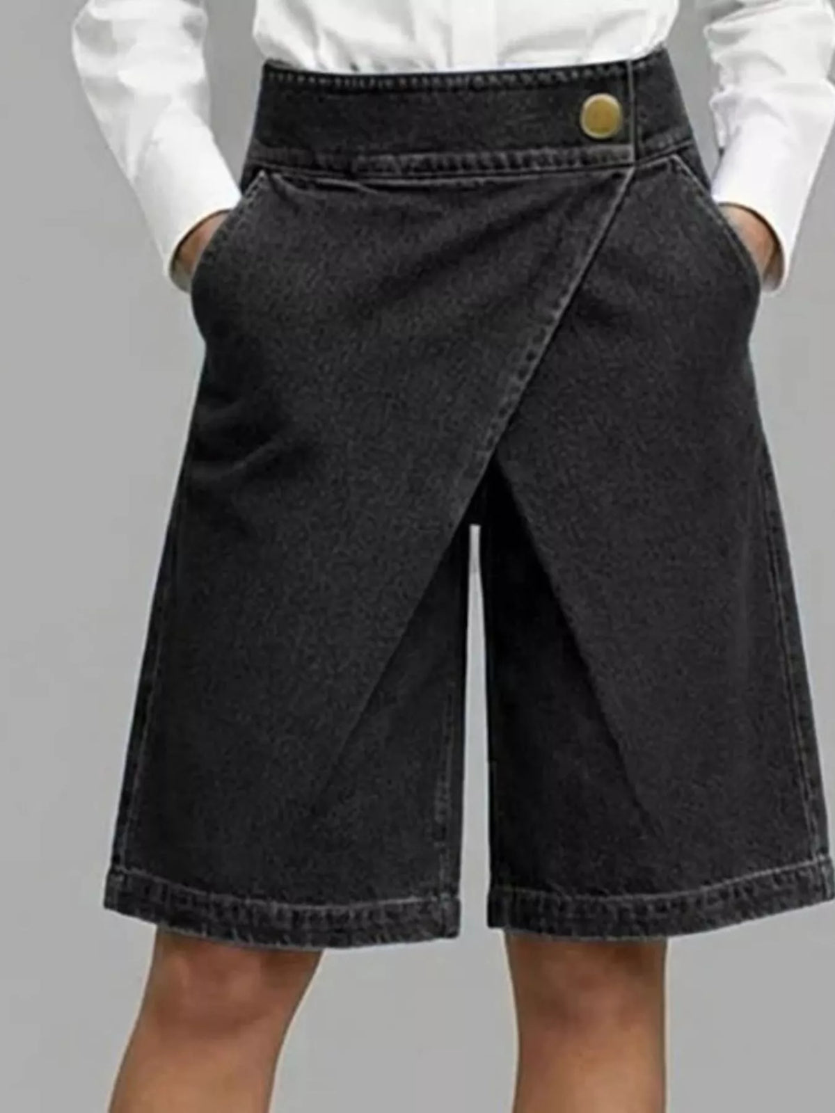 Full Size High-Waisted Wrap-Front Denim Look Shorts Plus Size - Black - View 2
