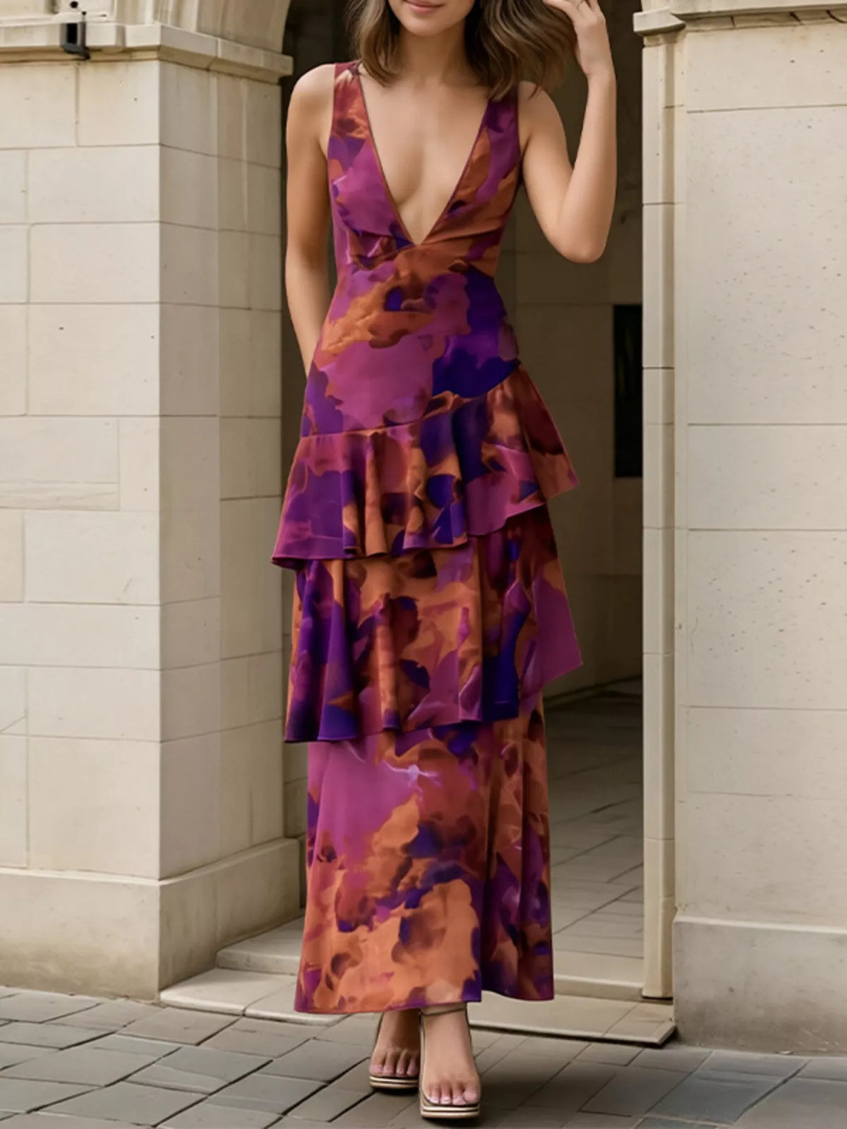 Floral V-Neck Ruffle Layered Maxi Dress - Deep Purple - View 5