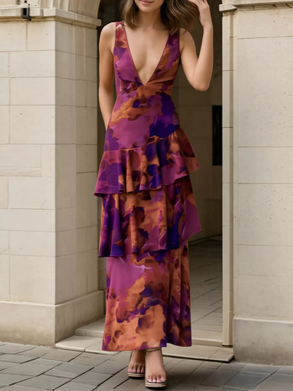 Floral V-Neck Ruffle Layered Maxi Dress - Deep Purple - View 5