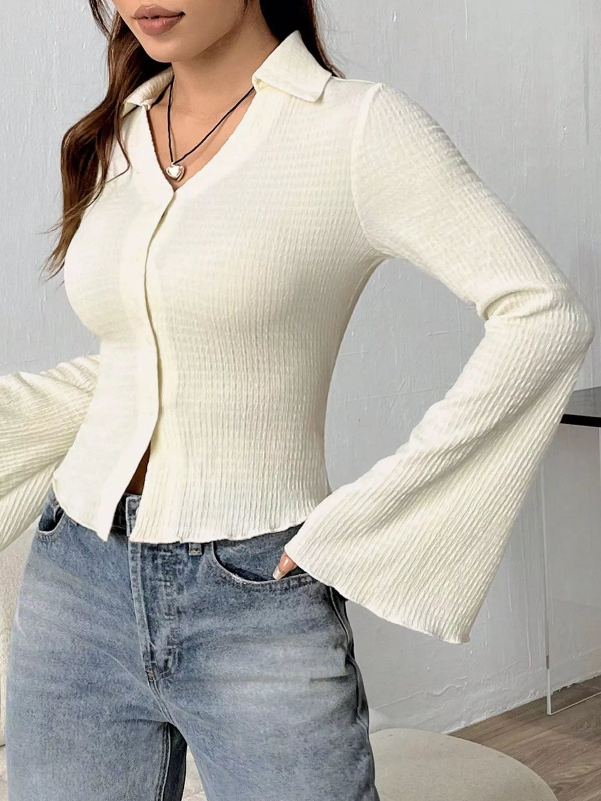 Button Up Flare Sleeve Shirt - Apricot - View 5