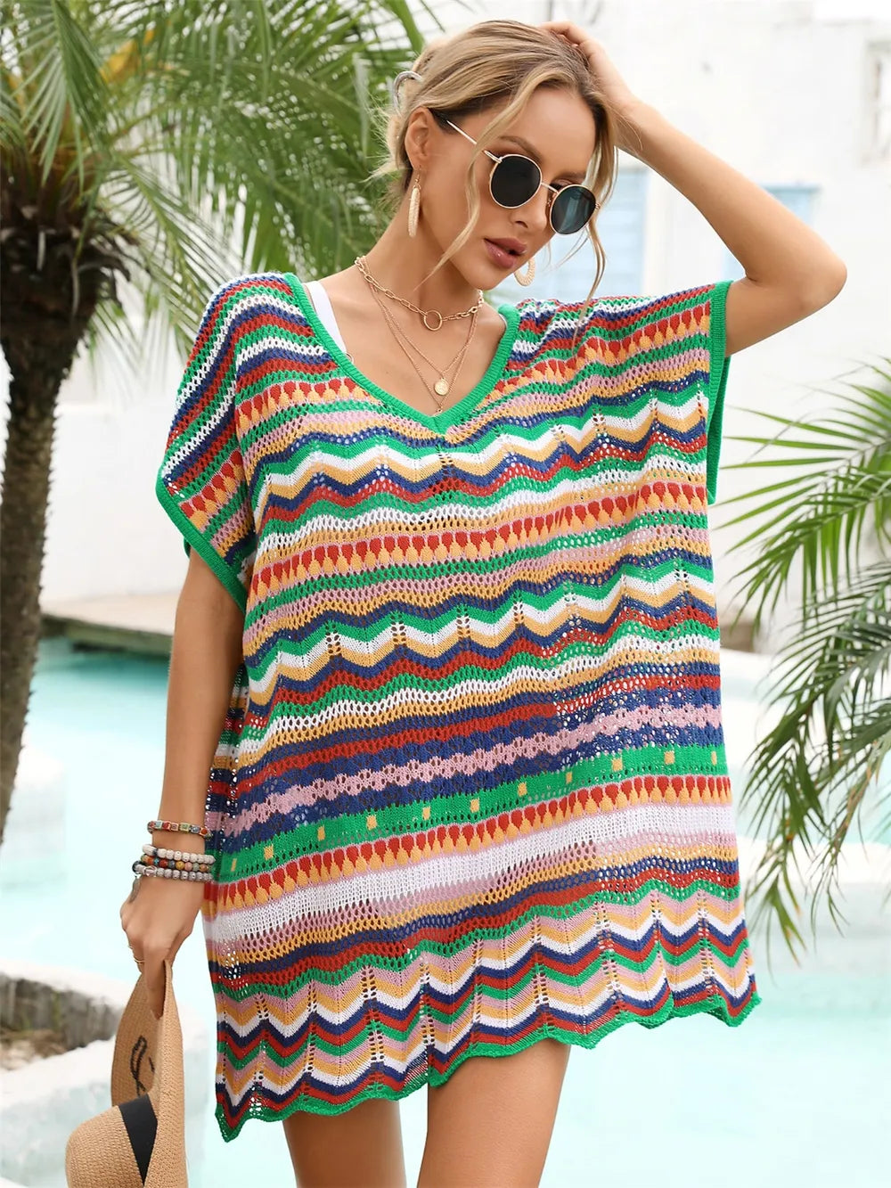 Angel Wings Rainbow Stripe Scalloped V-Neck Cover-Up Dress - Multicolor - View 20
