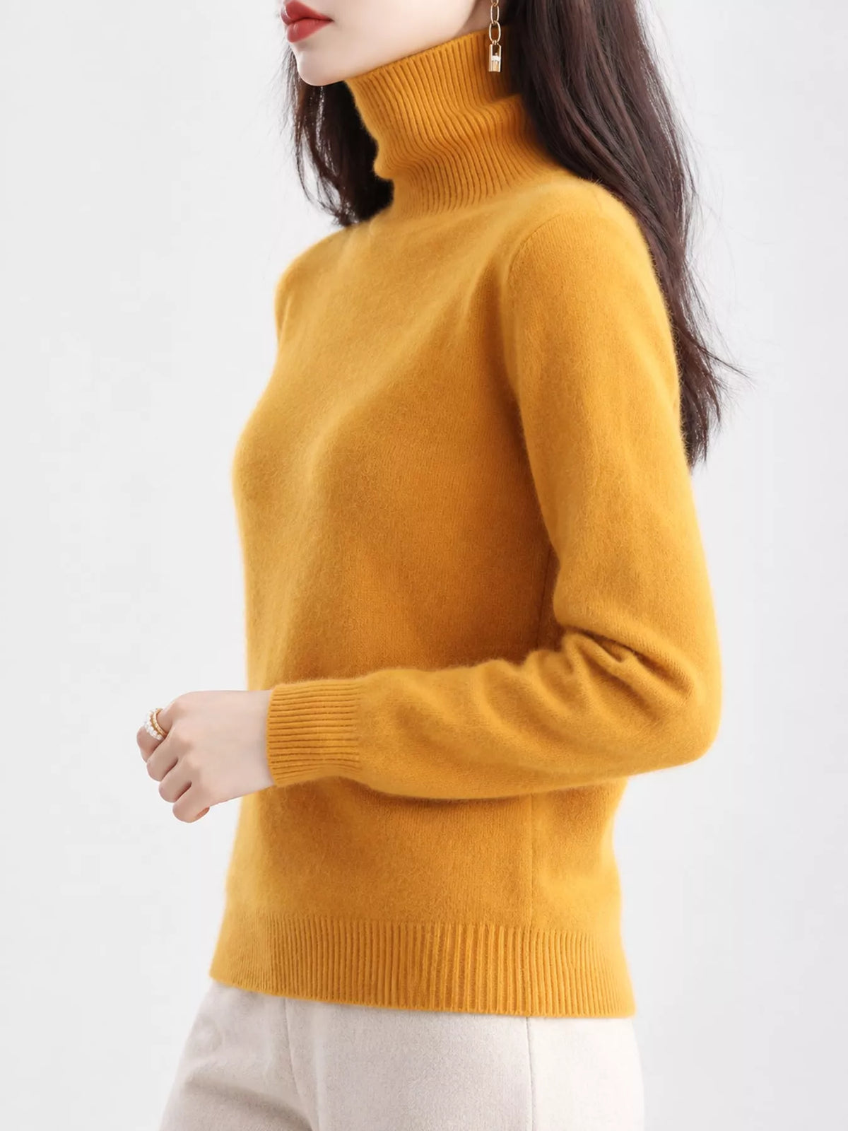 Full Size Turtleneck Long Sleeve Sweater Plus Size - Mustard Yellow - View 32