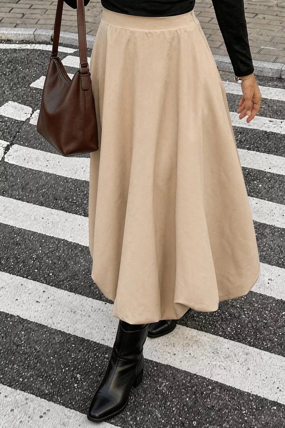 High-Waisted A-Line Midi Skirt - Tan - View 5