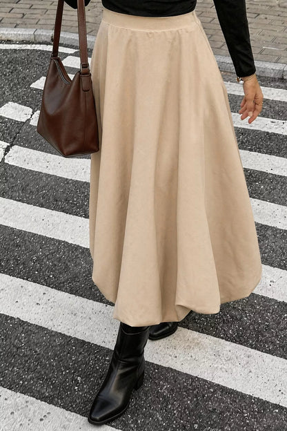 High-Waisted A-Line Midi Skirt - Tan - View 5