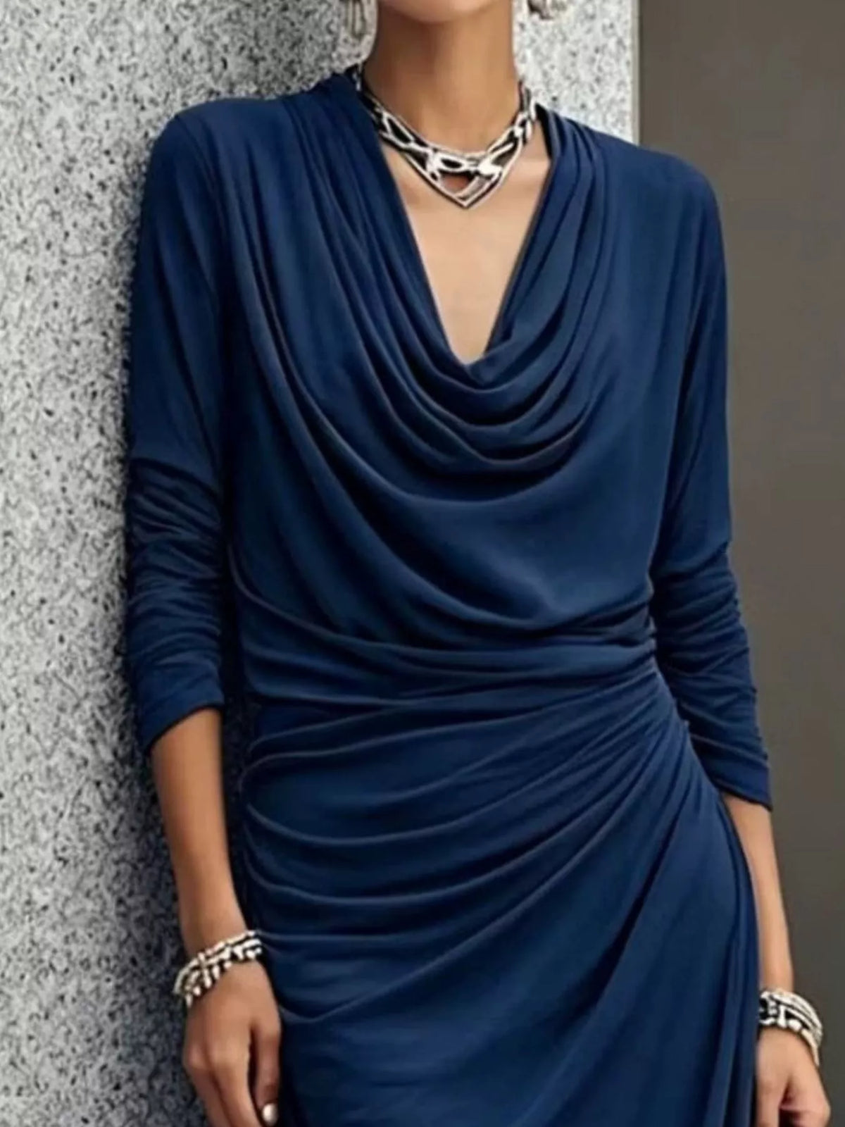 Cowl Neck Long Sleeve Maxi Dress - Navy Blue - View 2