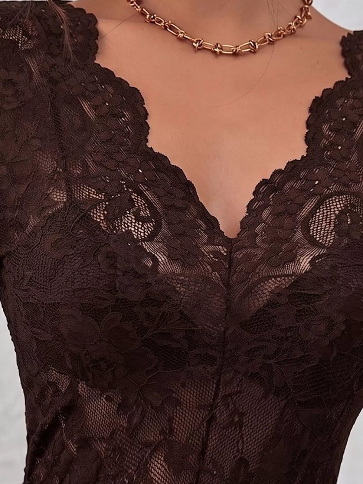 Lace V-Neck Long Sleeve Top - Coffee - View 32