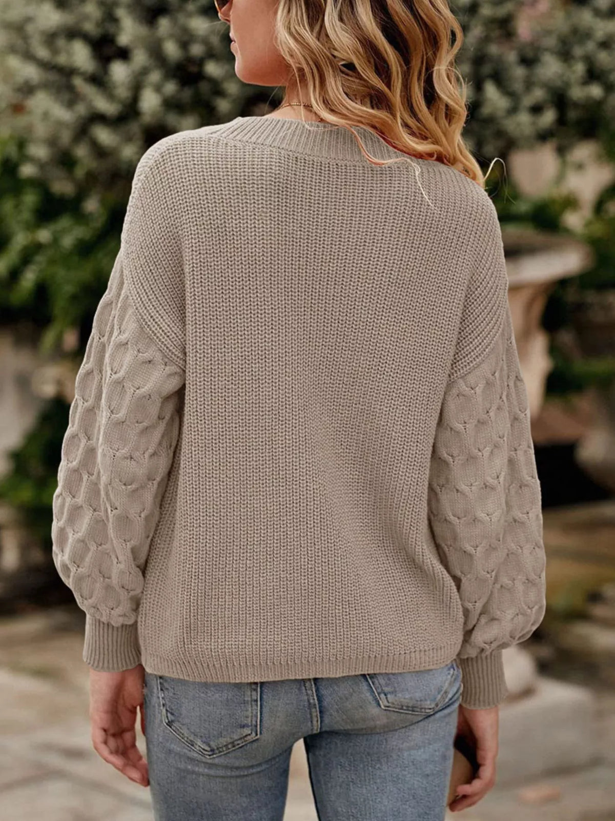 Textured Sleeve Round Neck Sweater - Khaki - View 2