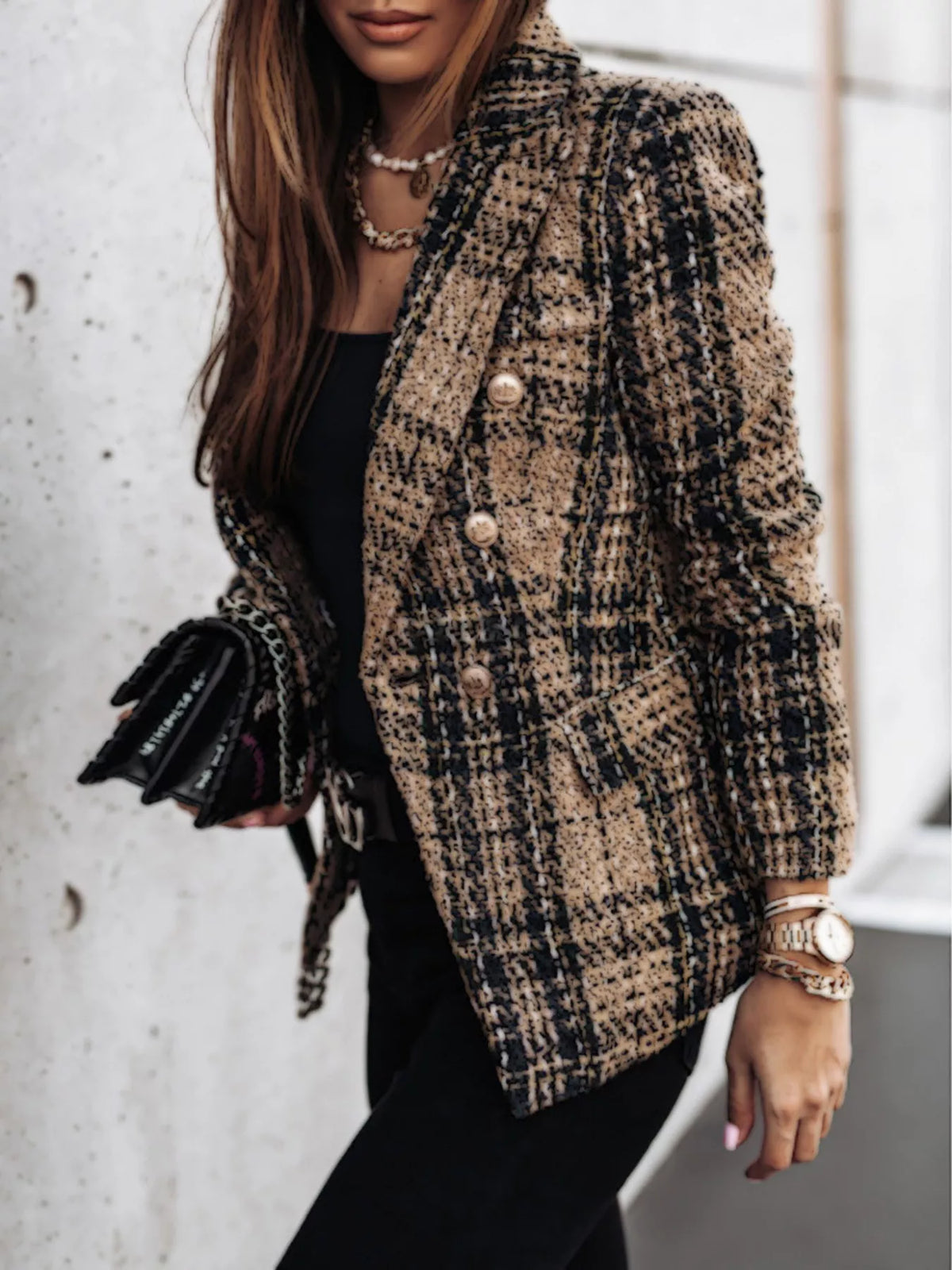Full Size Plaid Tweed Double-Breasted Blazer Plus Size - Camel - View 1