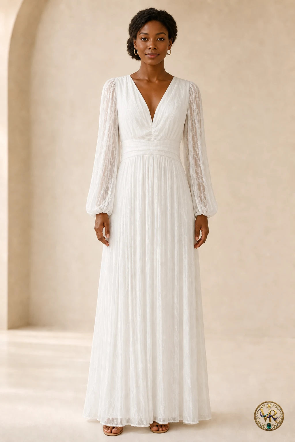 Model wearing an ivory V-neck long-sleeve maxi dress, front view