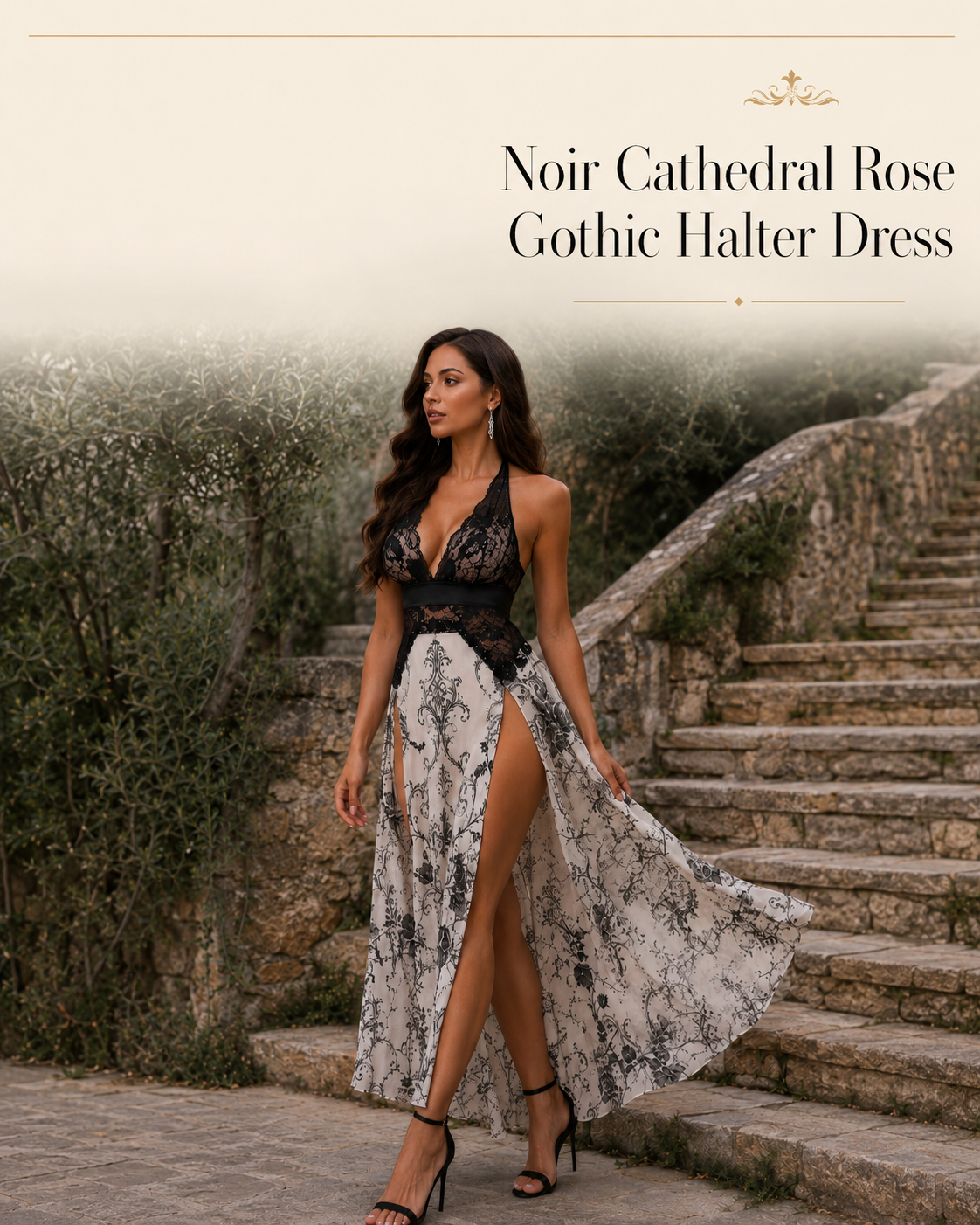 Noir Cathedral Rose Gothic Halter Dress | Vivid Row Exclusive