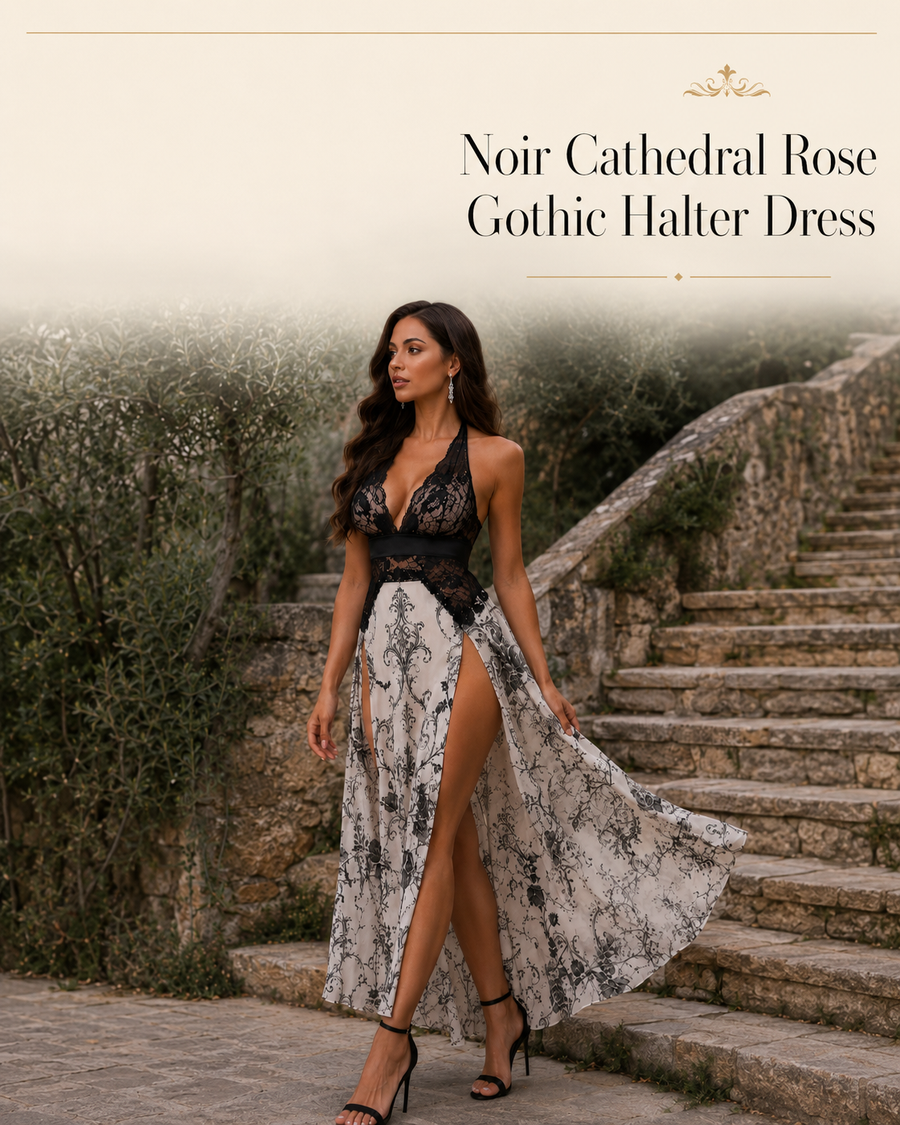Noir Cathedral Rose Gothic Halter Dress | Vivid Row Exclusive