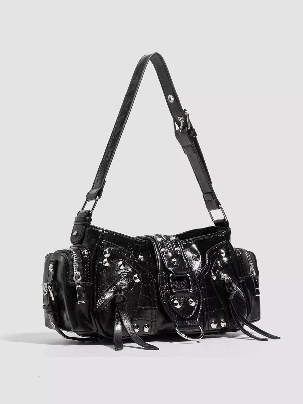 Rivet Embellished Shoulder Bag - Black - View 4