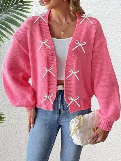 Bow-Tie Open Front Knit Cardigan - Rose Red - View 1