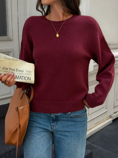 Crew Neck Dropped Shoulder Sweater - Burgundy - View 4