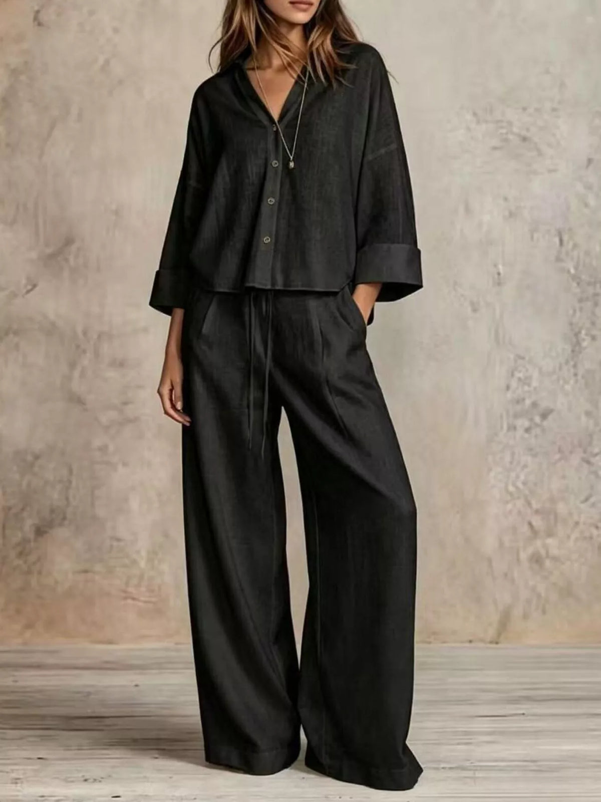 Full Size Button-Down Shirt and Wide-Leg Pants Set Plus Size - Black - View 4