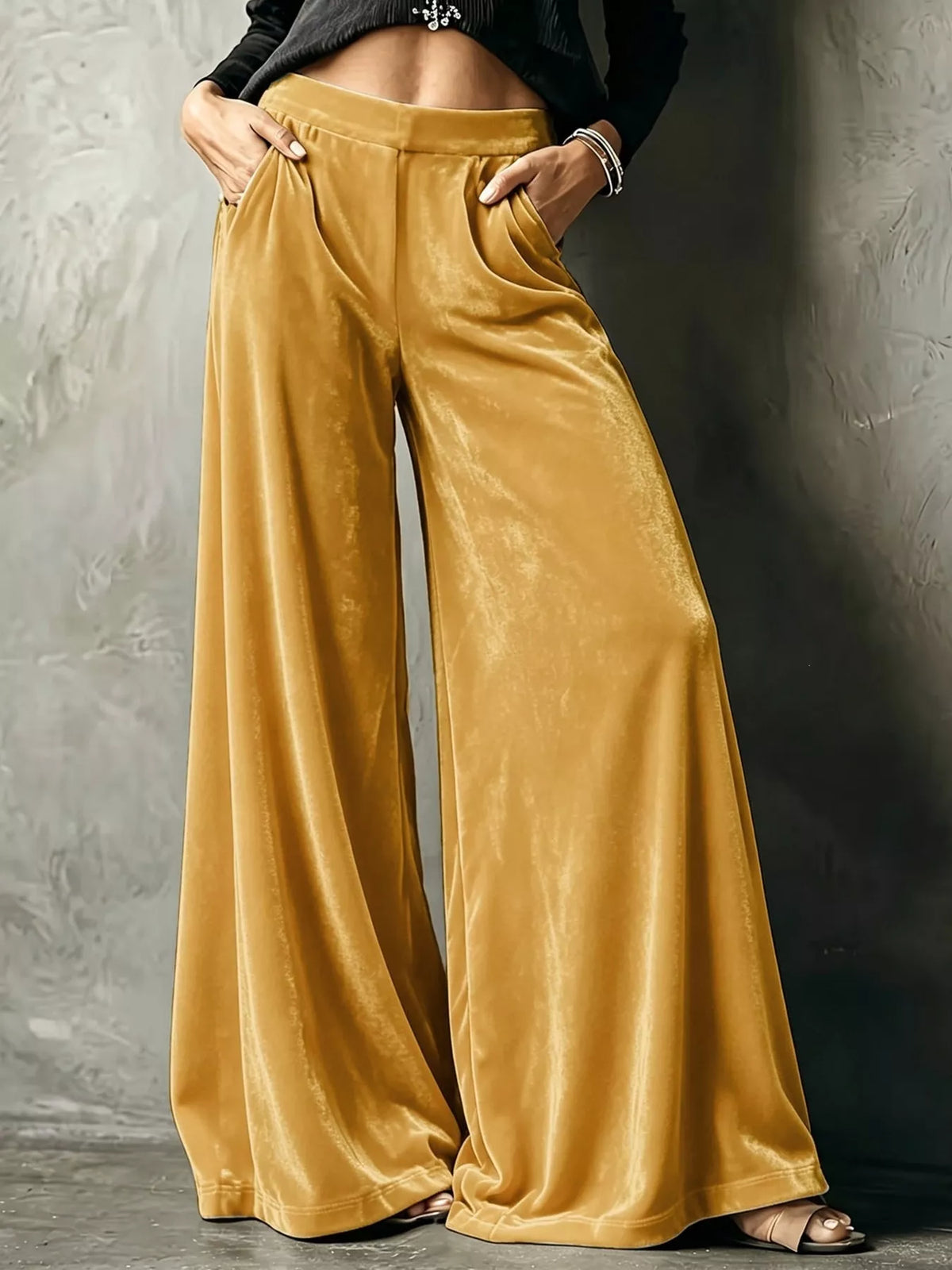 Full Size High-Waisted Wide-Leg Velvet Pants Plus Size - Yellow - View 1