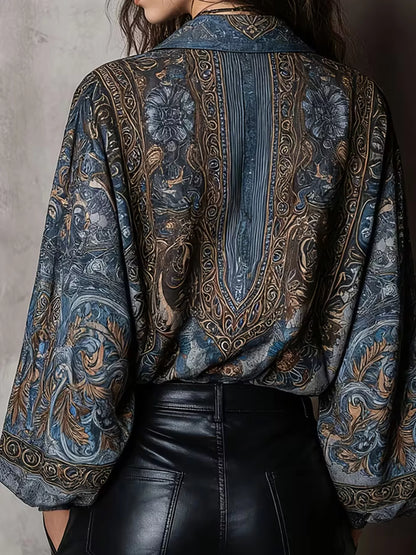 Full Size Vintage Print Long Sleeve Oversized Blouse Plus Size - Navy - View 4
