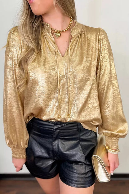 Metallic Sheen V Neck Gathered Cuff Long Sleeve Blouse - Gold - View 5