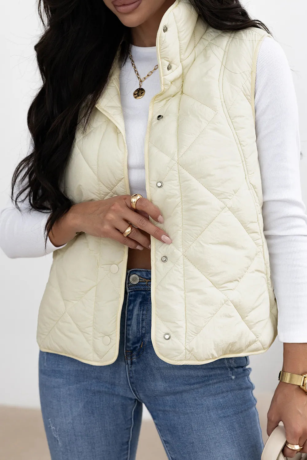 Snap Down Texture Vest Coat with Pockets - Ivory - View 1