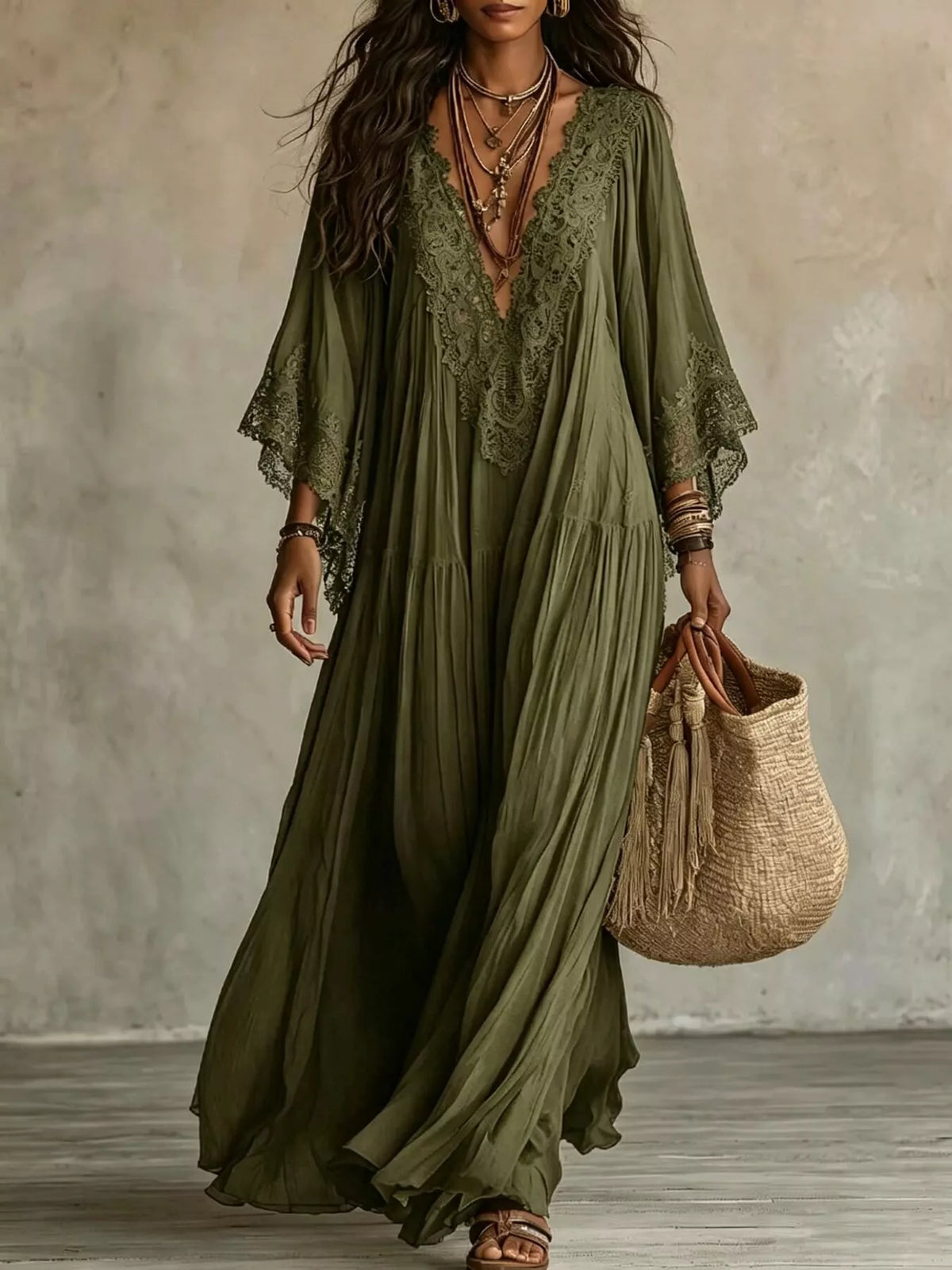 Lace Trim V-Neck Maxi Dress - Army Green - View 1