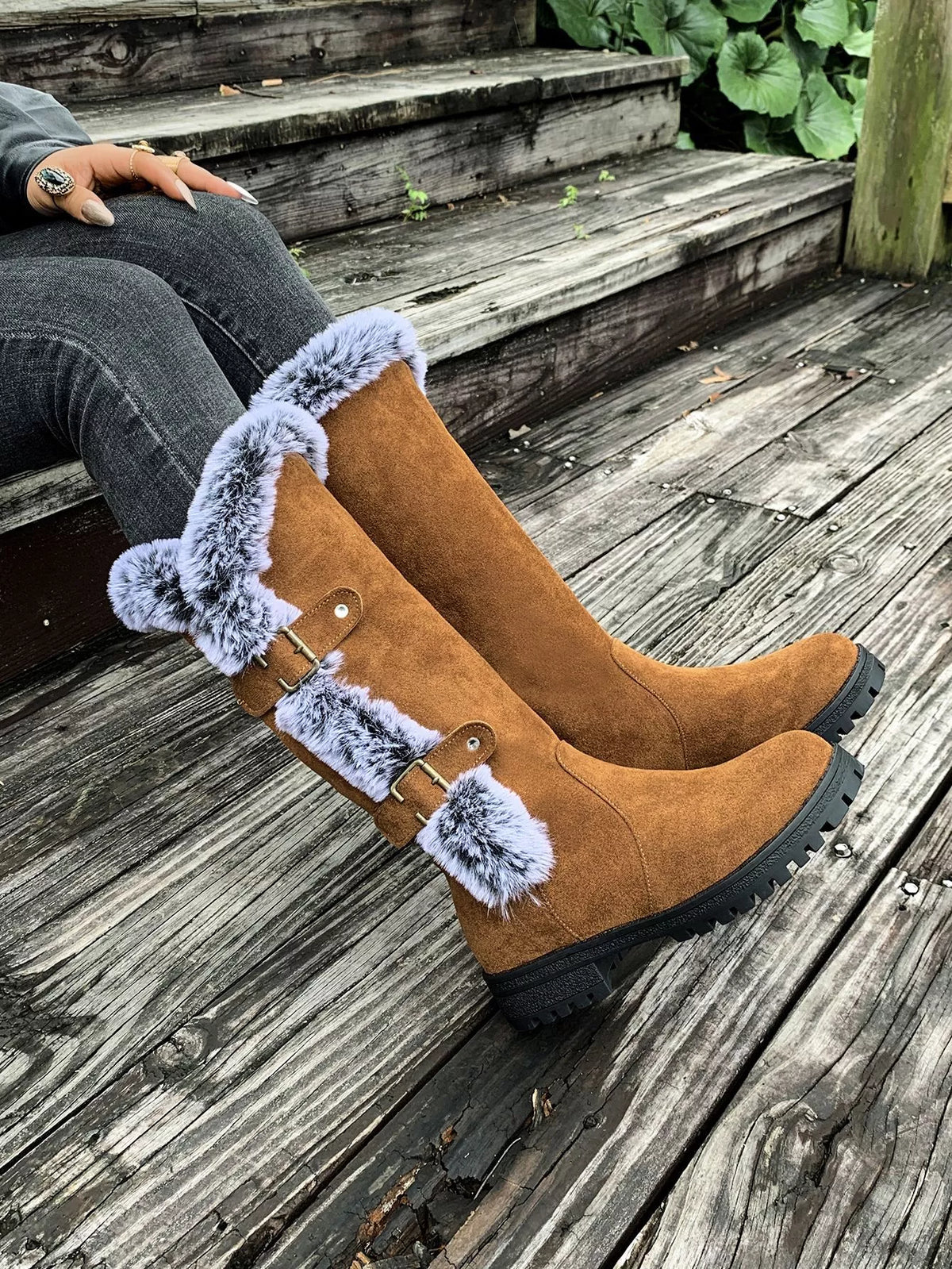 Round Toe Block Heels Boots - Tan - View 3