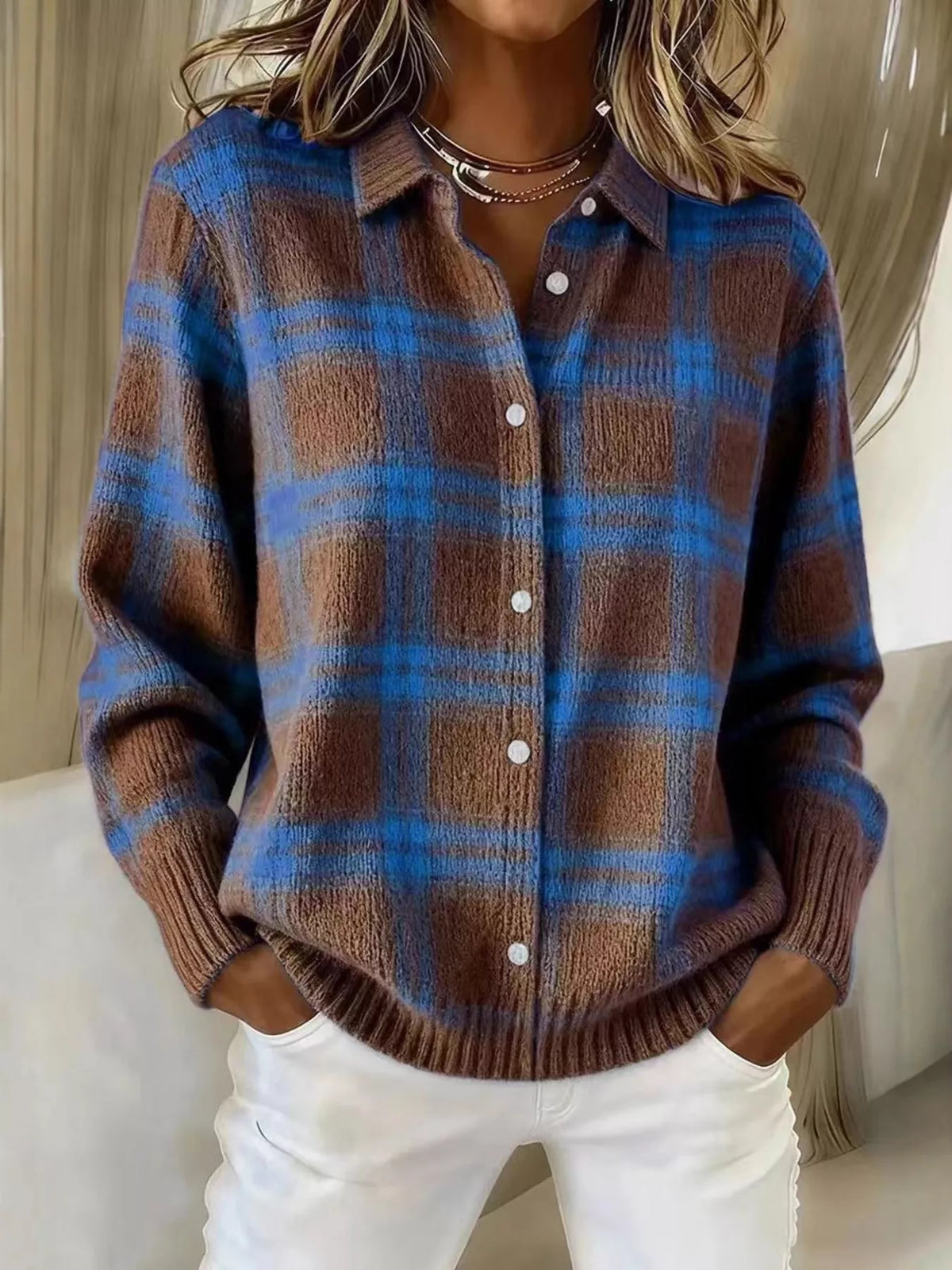 Full Size Plaid Button-Down Knit Cardigan Plus Size - Dark Brown - View 7
