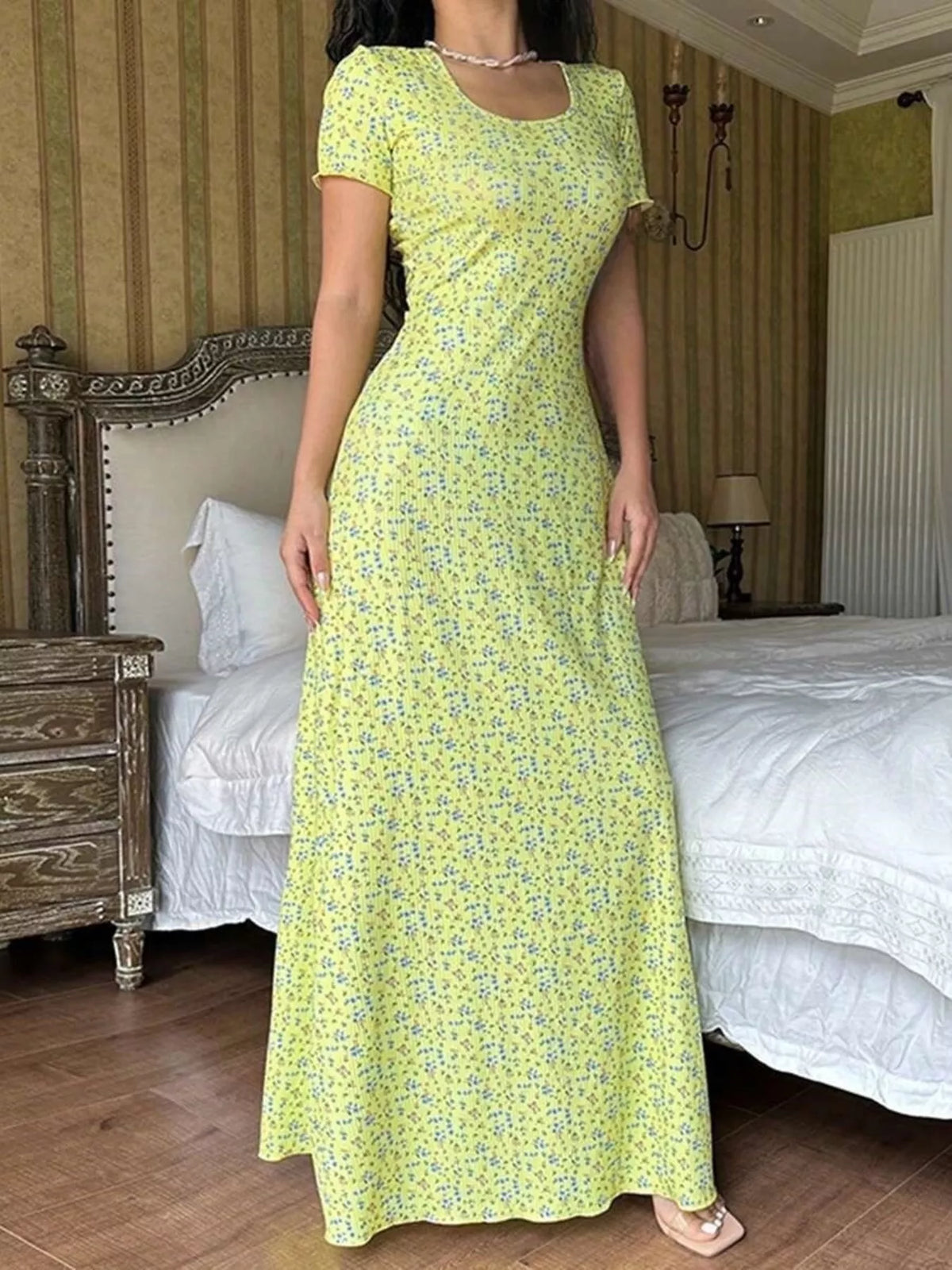 Floral Print Short Sleeve Maxi Dress - Yellow - View 1