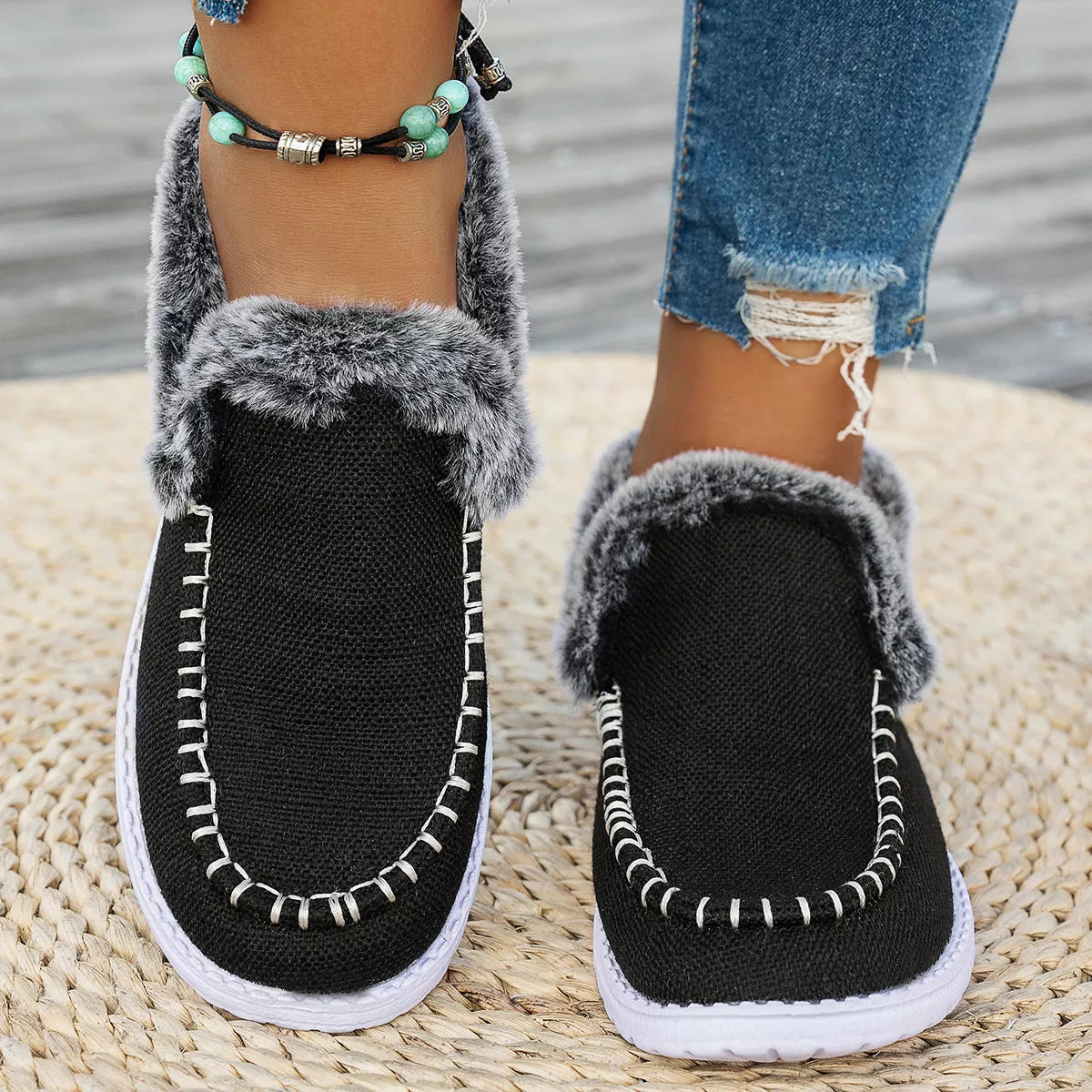 Faux Fur Lined Round Toe Shoes - Black - View 1