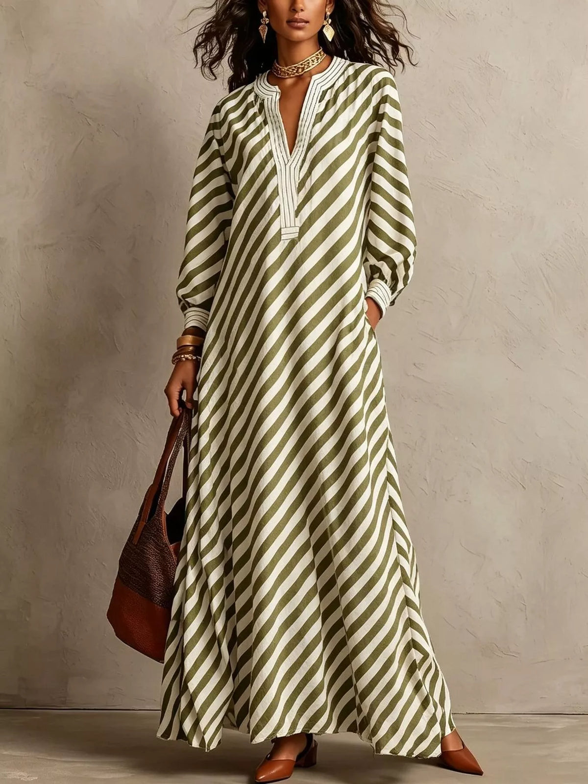Striped Long Sleeves Maxi Dress - Sage - View 1