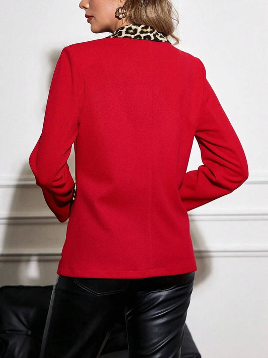 Leopard Lapel Collar Long Sleeve Blazer - Red - View 2