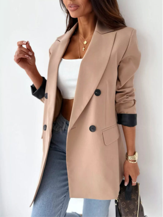 Lapel Collar Long Sleeve Blazer - Khaki - View 1
