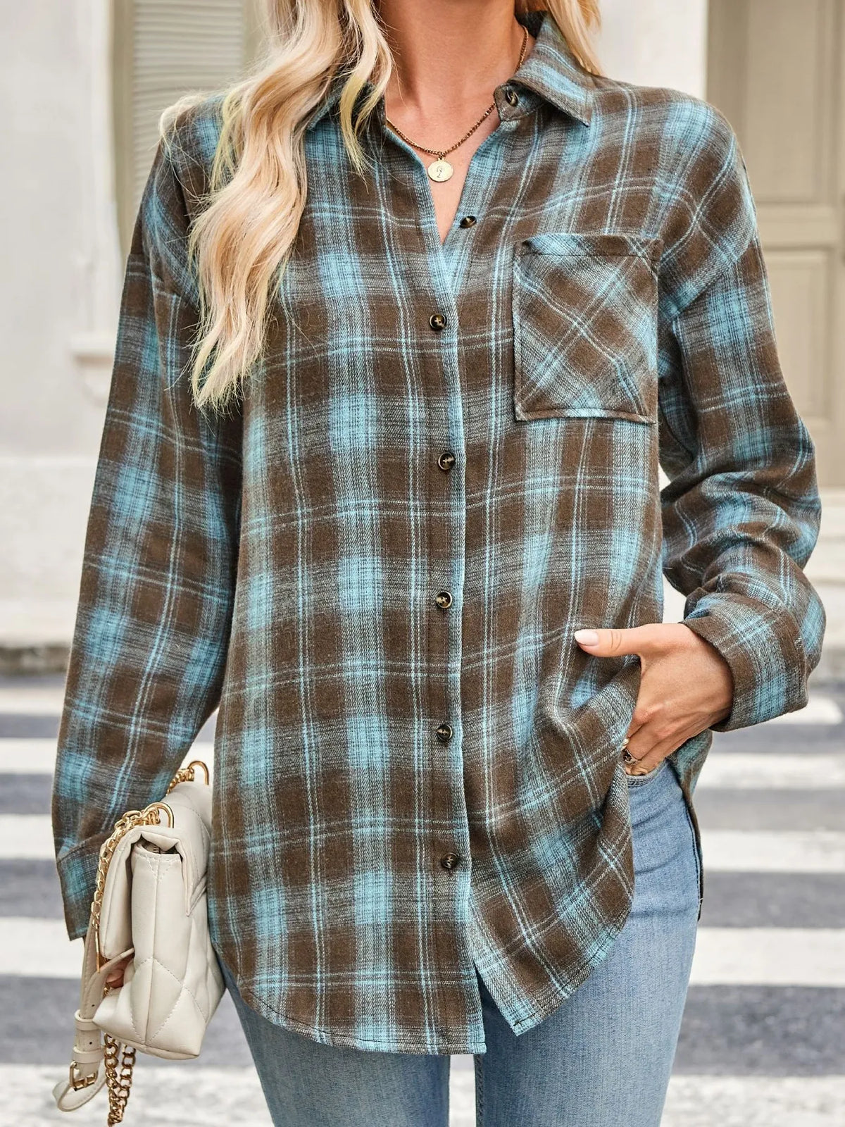 Plaid Button Up Long Sleeve Shirt - Turquoise - View 11